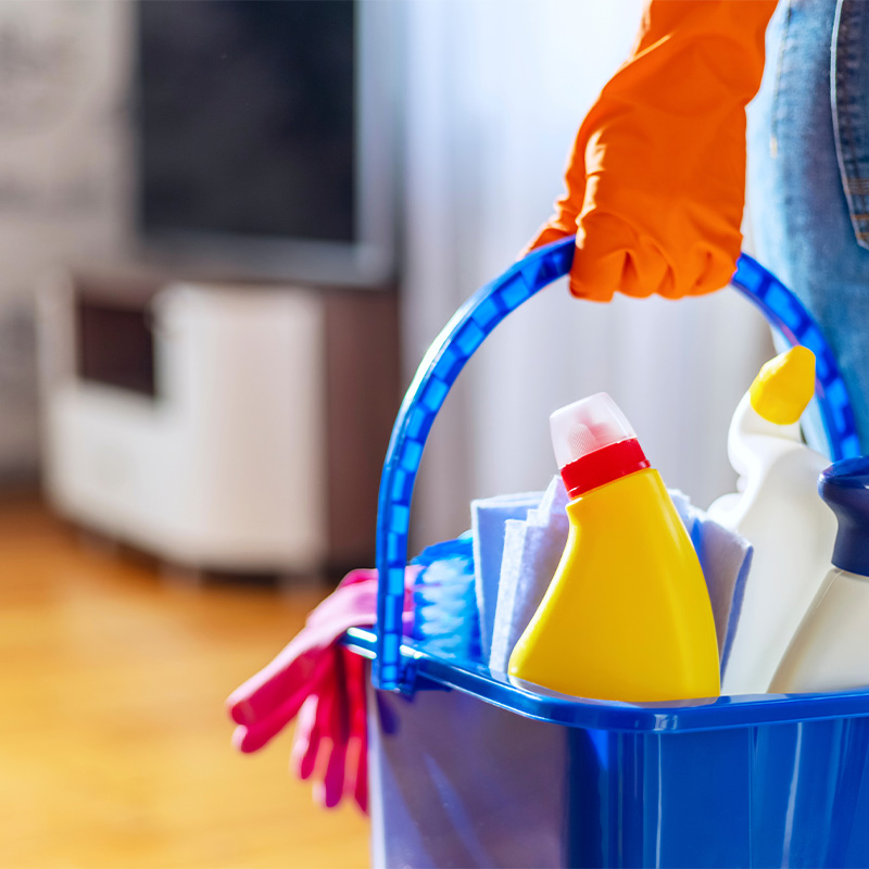 Housekeeper holding cleaning products